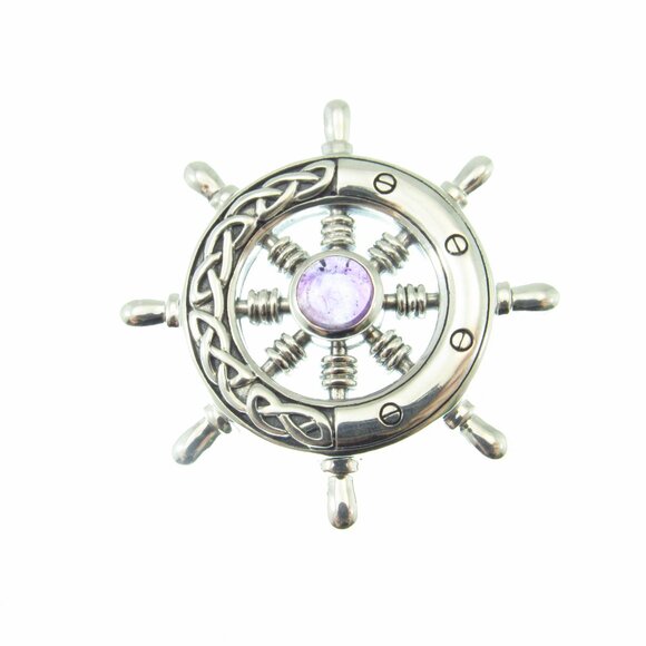 Solid 925 Sterling Silver Celtic Ship Wheel Helm Nautical Pendant w/ Gemstone - Picture 6 of 13